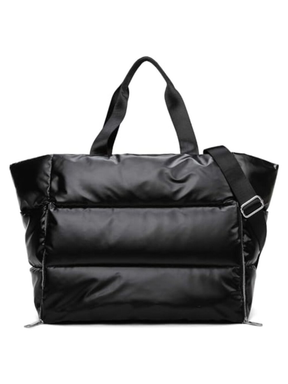 Large Quilted Puffer Tote Bag with Zipper, Yoga Mat Holder, Crossbody, Nylon